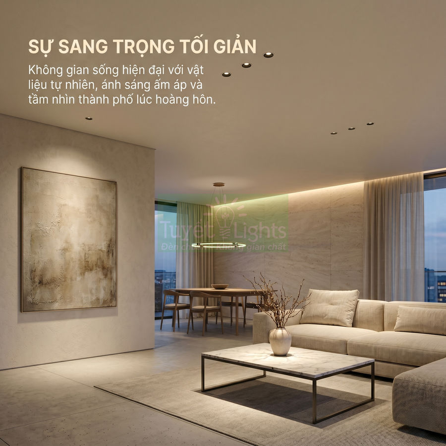Phòng khách tối giản với bộ sofa be, bàn trà đá và hệ đèn âm trần Tuyet Lights ánh sáng vàng ấm